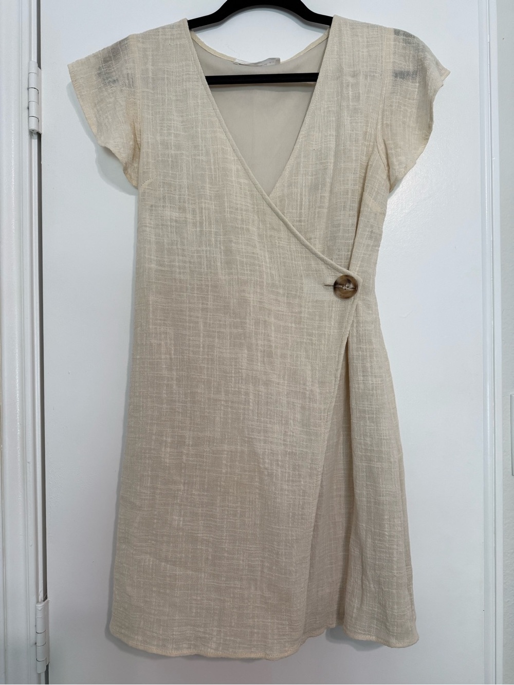 American Threads Cream Textured Faux-Wrap Mini Dress with Button